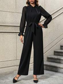 SHEIN Clasi Lưới tương phản tay áo lá sen Thắt lưng Áo liền quần - màu đen - Xem 4