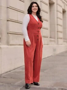 SHEIN Essnce Talla grande Mono con botón delantero de pana sin camiseta - Rojo - Ver 4
