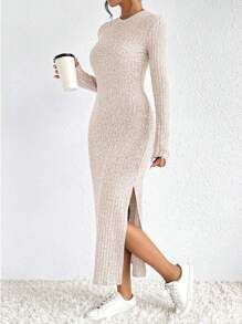 SHEIN Frenchy Vestido unicolor tejido de canalé de muslo con abertura - Albaricoque - Ver 1