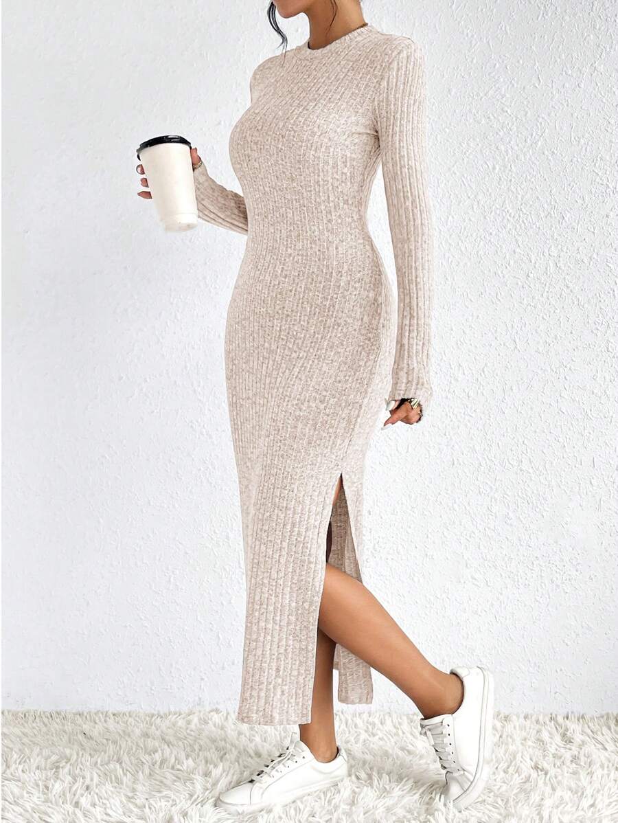 SHEIN Frenchy Vestido unicolor tejido de canalé de muslo con abertura - Albaricoque - Ver 1