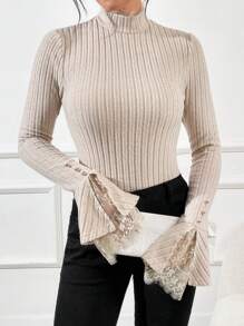 SHEIN Privé Của phụ nữ Dệt kim Áo Với Lá sen Và Đứng cổ áo - Màu be - Xem 1