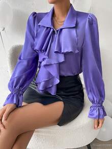 SHEIN Privé 喇叭袖荷葉邊襯衫 - 紫色 - 查看 4