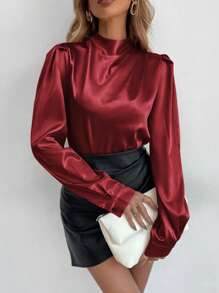 EMERY ROSE Mock Neck Puff Sleeve Satin Blouse - Burgundy - View 1