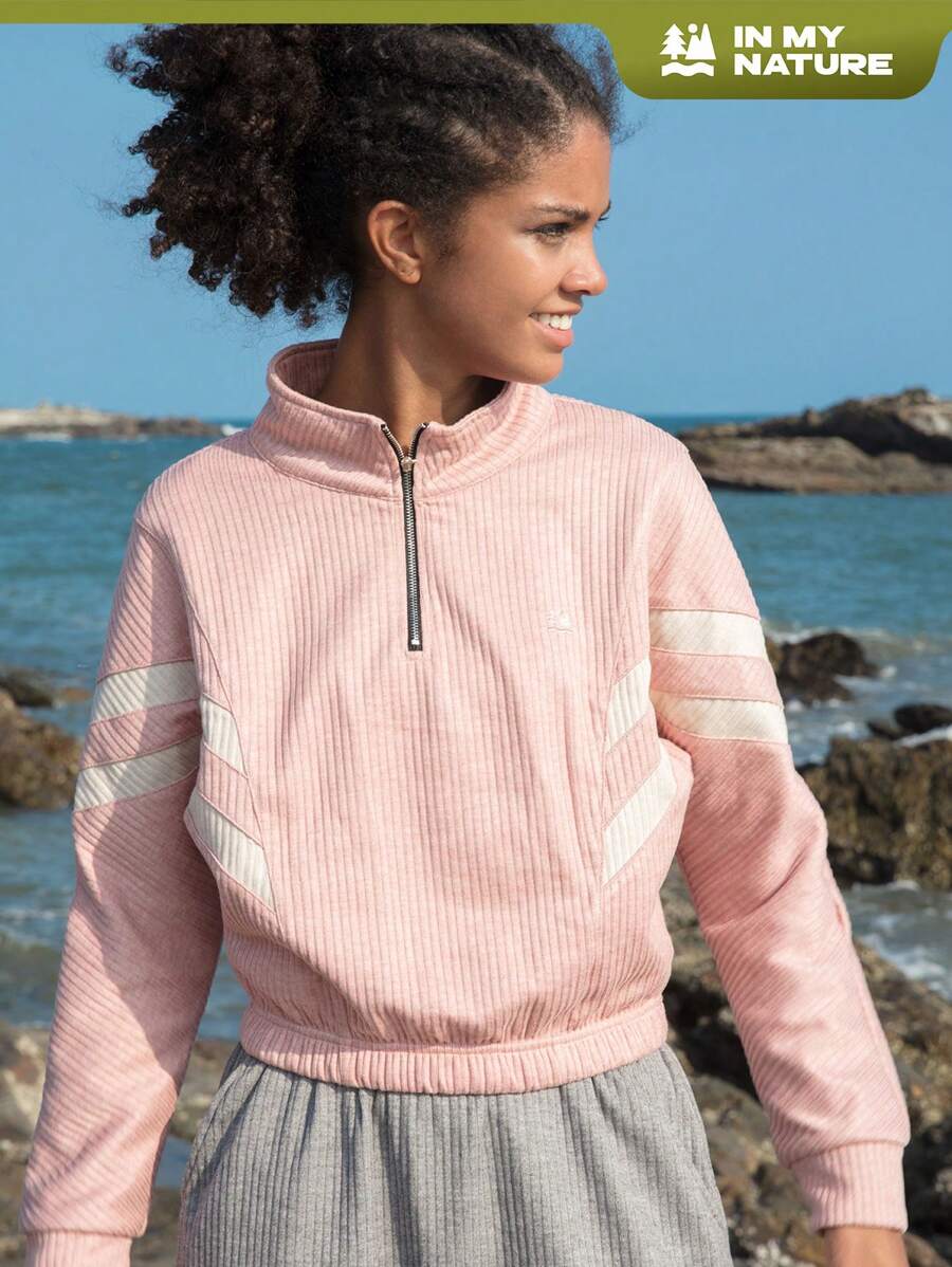 In My Nature Sweatshirt mit Kontrast Streifen, halbem Reißverschluss, Outdoor - Blau - Übersicht 1