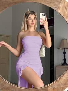 SHEIN Sweetina 不對稱下擺褶邊抹胸洋裝 - 淡紫色 - 查看 4
