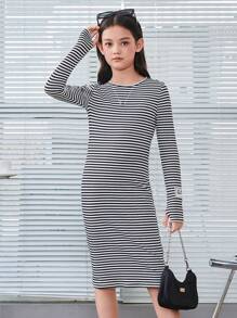 SHEIN 女大童條紋印花緊身洋裝 - 彩色 - 查看 1