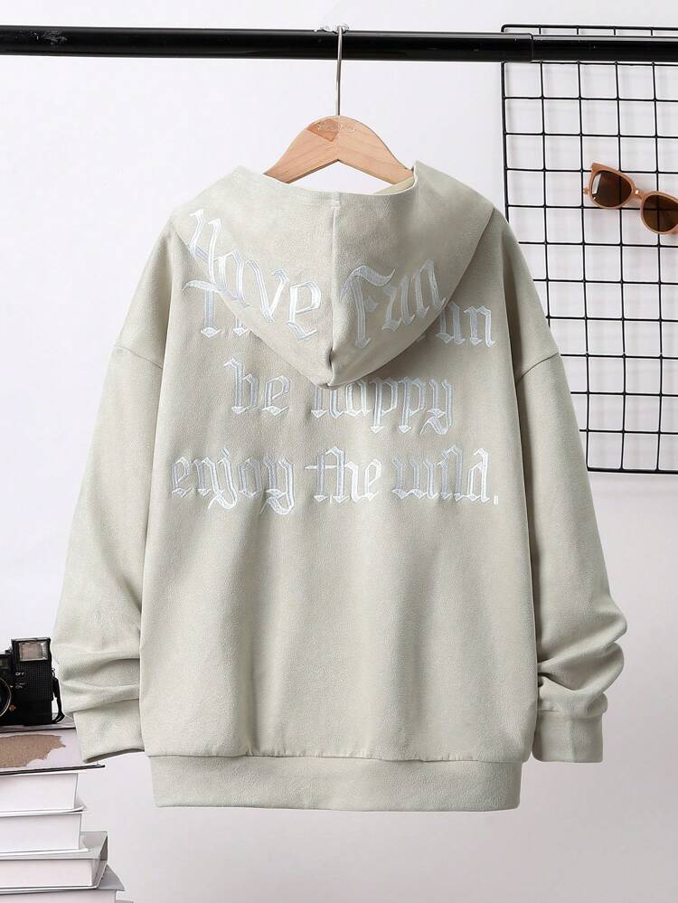 Tween Boy Embroidery Slogan Pattern Drop Shoulder Sweatshirt