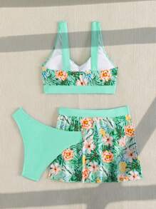 Swim Lushoire Conjunto de bikini con estampado tropical y cordón ajustable para la playa, con falda de playa