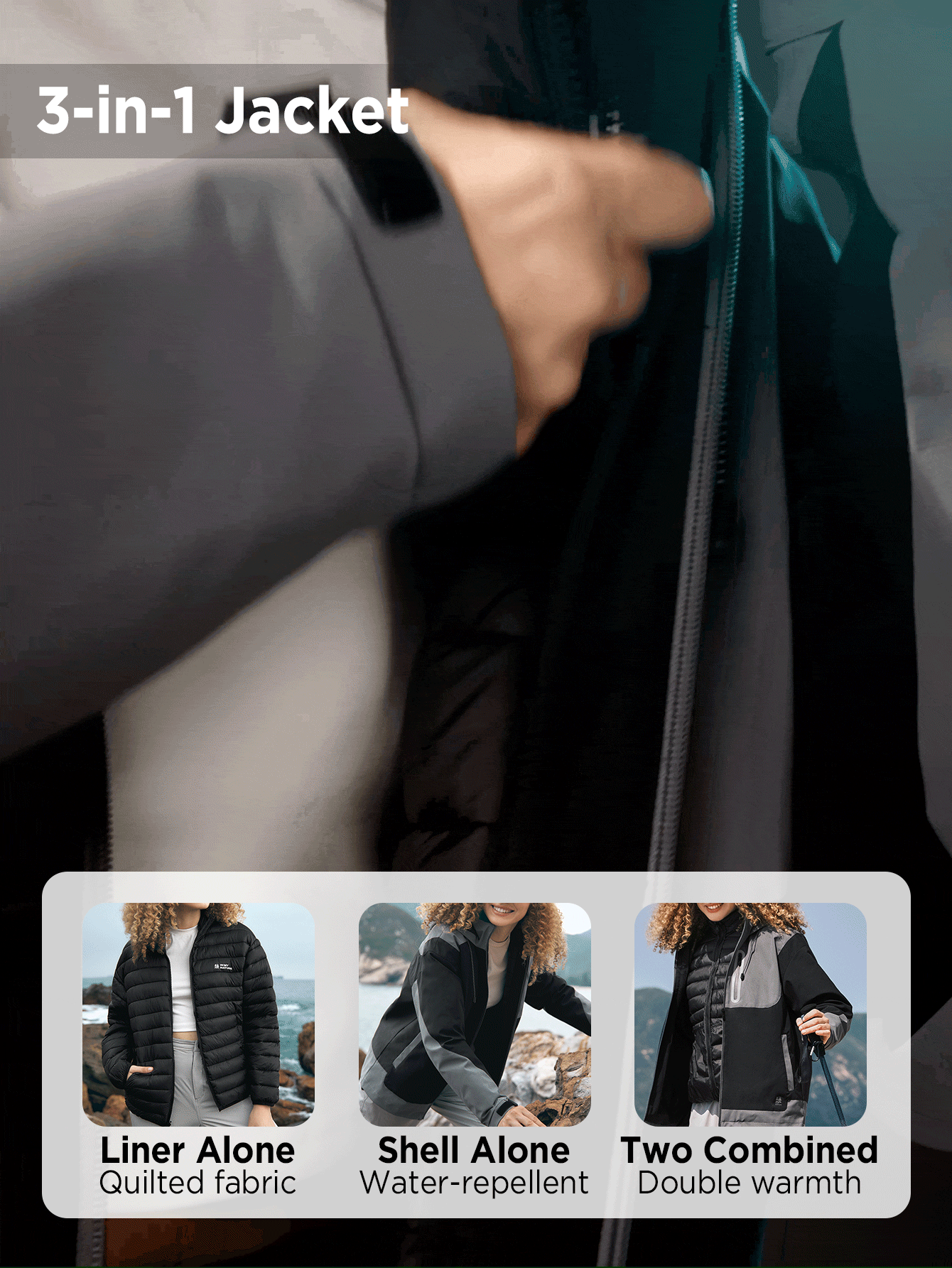 In My Nature Colorblock Drawstring Hooded Waterproof Outdoor Insulated Jacket - Black - View 3