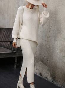 SHEIN LUNE Raglan Sleeve Sweater & Split Hem Knit Skirt