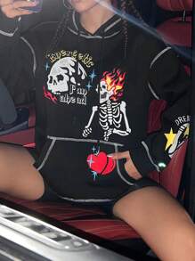 SHEIN EZwear Hình ảnh Skull & chữ cái Thả vai Dây rút Hoodie - màu đen - Xem 4