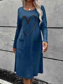 愛心圖案雙口袋蝙蝠袖T恤洋裝 - 藍色 - 查看 3