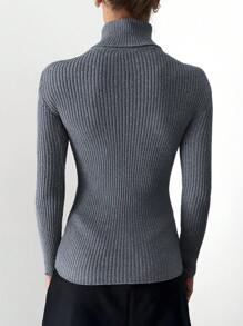 EURMUSE Turtleneck Solid Color Sweater - Dark Grey - View 2