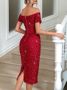 Allurite Off Shoulder Notched Neckline Sequin Bodycon Dress For New Year Holiday Party Clothes - Red - View 2