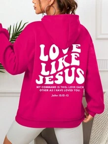 SHEIN EZwear Của phụ nữ In Hoa hồng Đỏ  Áo nỉ có mũ - Màu Hồng Tươi - Xem 1