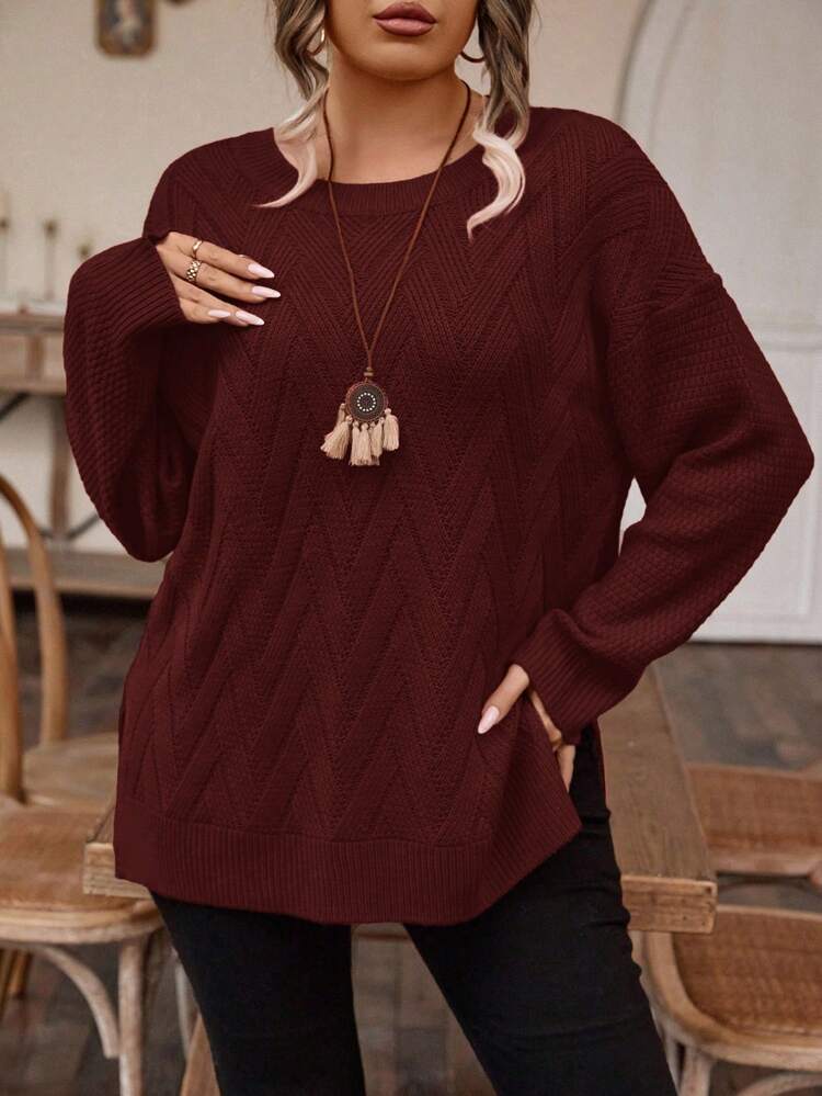 Plus Solid Drop Shoulder Split Hem Sweater, Winter Knit Pullover Fall Autumn