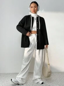 SHEIN Unity 落肩袖雙口袋抽繩連帽花呢外套 - 黑色 - 查看 6