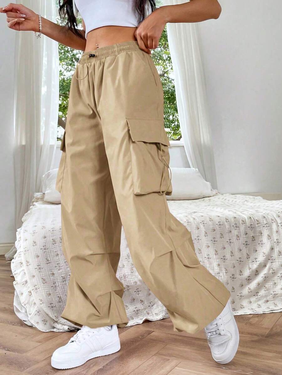 Shein EZ Wear Women Pocket Side Drawstring Hem Cargo Pant (Black)