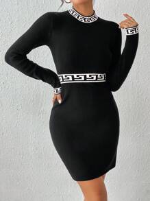 SHEIN Essnce Palace Jacquard Knit Pullover Dress - Black - View 3