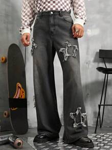 Manfinity EMRG Lỏng lẻo phù hợp Nam Denim mùa giặt Denim Hình sao Quần jean - Xám - Xem 6