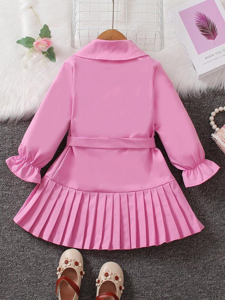 Young Girl Flare Sleeve Pleated Hem Belted Coat