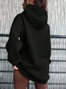 SHEIN Cottnline Ladies Solid Color Fleece Lined Hooded Sweatshirt With Drawstring - Black - View 2