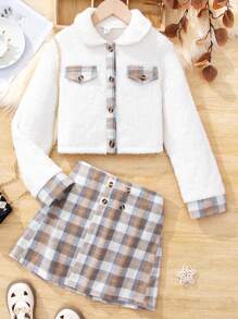 SHEIN 女童(大)假羊毛領外套和格紋a字裙套裝 - 白色 - 查看 1