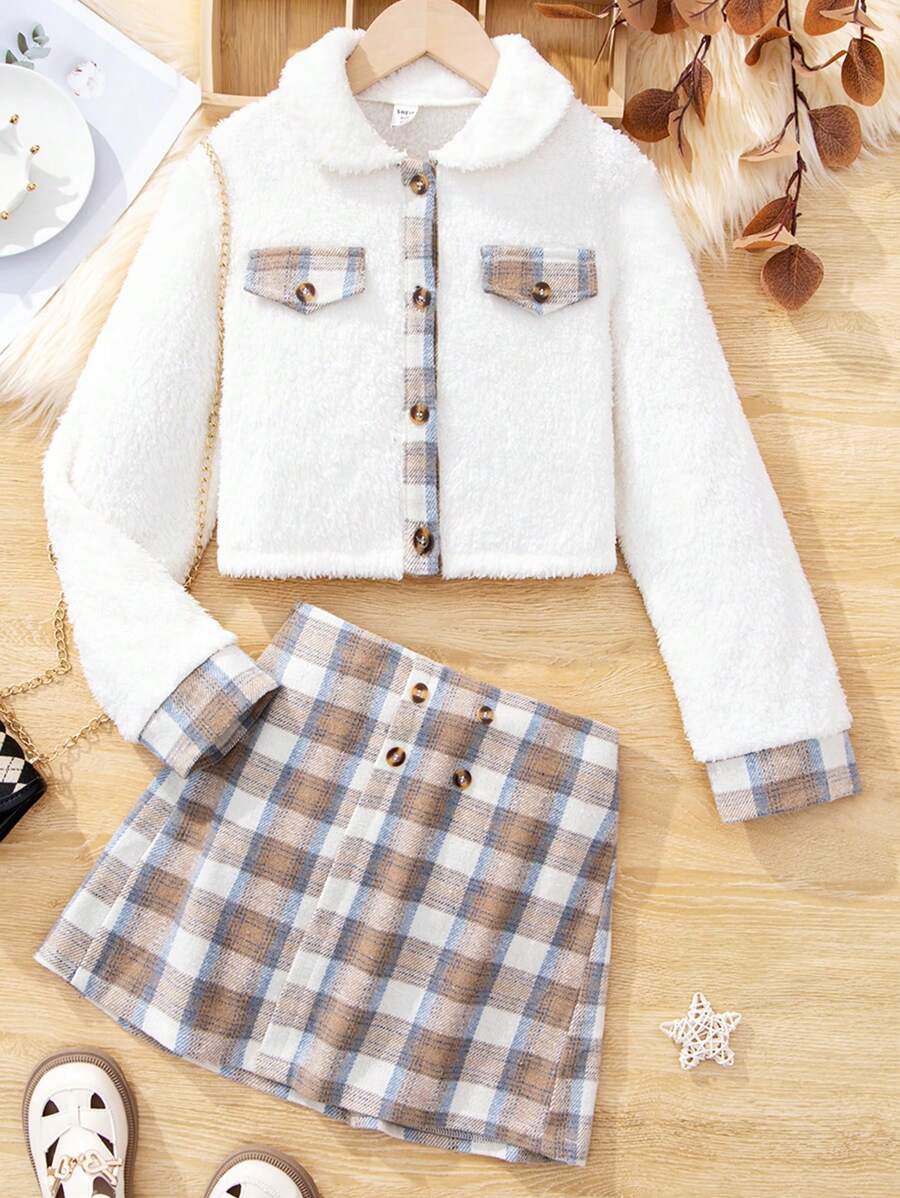 SHEIN 女童(大)假羊毛領外套和格紋a字裙套裝 - 白色 - 查看 1