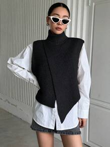 DAZY 1pc Turtleneck Wrap Sweater Vest,Fall Clothes - Black - View 1