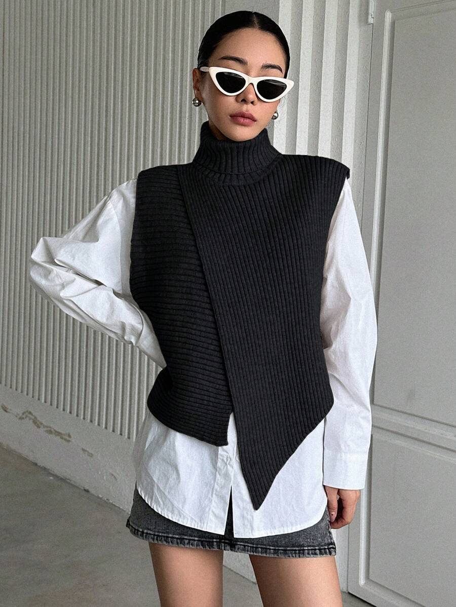 DAZY 1pc Turtleneck Wrap Sweater Vest,Fall Clothes - Black - View 1