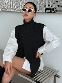 DAZY 1pc Turtleneck Wrap Sweater Vest,Fall Clothes - Black - View 3