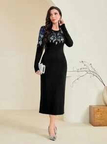 Modelyn 對比色亮片細節毛衣連身裙