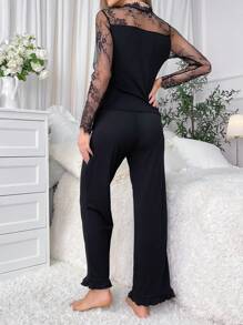 Lace Decorated Ruffled Hem Pajamas Set - Black - View 2
