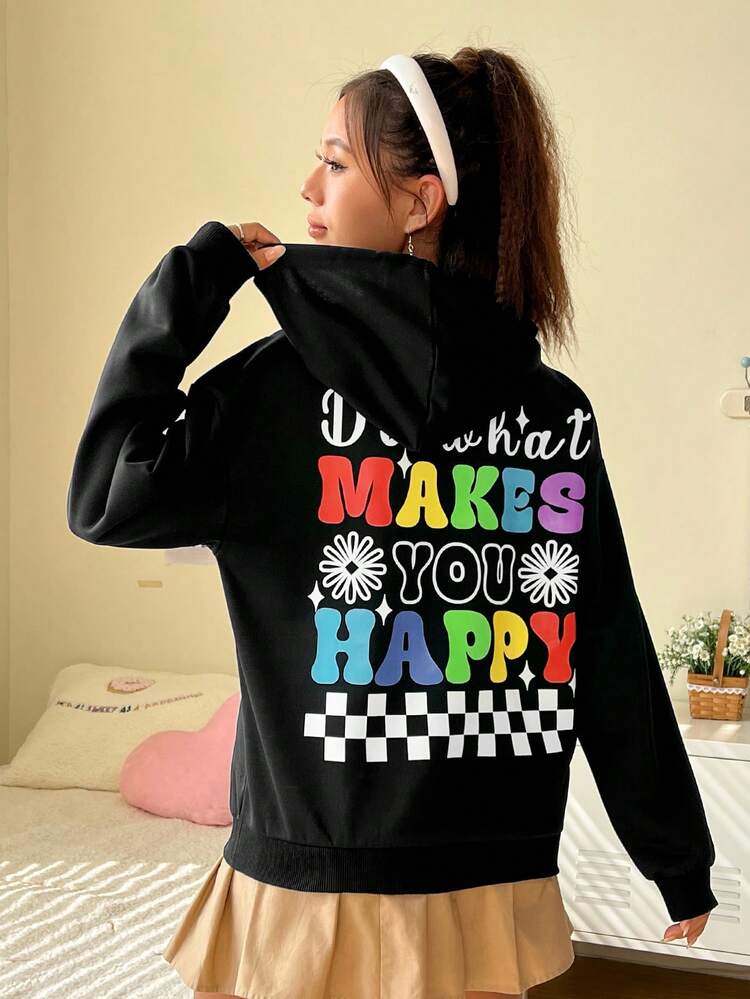 Slogan Graphic Drop Shoulder Kangaroo Pocket Drawstring Hoodie