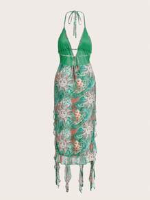 SHEIN ICON Sun Print Tie Backless Asymmetrical Hem Halter Dress - Green - View 2