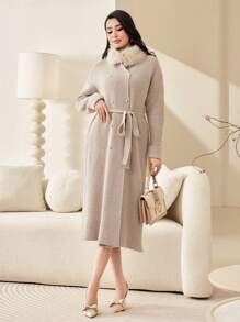 Modelyn Fuzzy Collar Drop Shoulder Belted Cardigan - Apricot - View 5