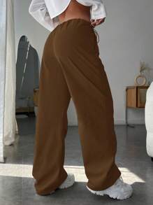 EURMUSE Ladies' Drawstring Waist Wide Leg Pants - Brown - View 2