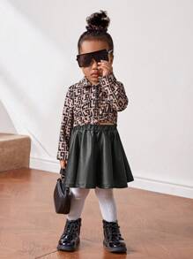 SHEIN Baby Girl Graphic Print Shirt & PU Leather Skirt
