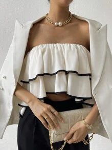 SHEIN Privé Contrast Binding Ruffle Trim Tube Top - Multicolor - View 4