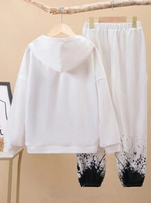 SHEIN Ensemble Sweat À Capuche Décontracté Et Pantalon De Survêtement Pour Garçons Avec Impression D'éclaboussure D'encre, Jeunesse