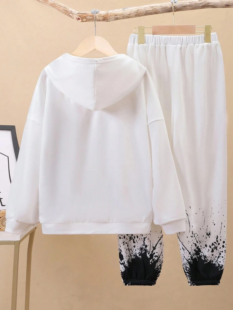 Boys' Casual Hoodie And Jogger Pants Set With Ink Splash Print, Youth