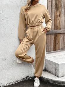 SHEIN LUNE Của phụ nữ Áo nỉ có mũ Và Quần thể thao Bộ - Màu Khaki - Xem 6