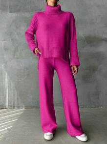 EURMUSE Damski Jednolity kolor Zabudowany pod szyją Długi Rękaw Swetry I Trykotowy Spodnie z szerokimi nogawkami Stroje dwuczęściowe Komplety Biżuterii