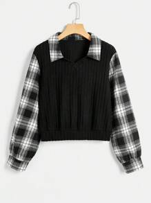 SHEIN EZwear 女性格子拼接下擺衬衫,帶翻領