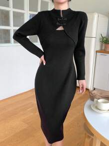 DAZY 纯色纽扣前开衫裙，秋季女装 - 黑色 - 查看 8