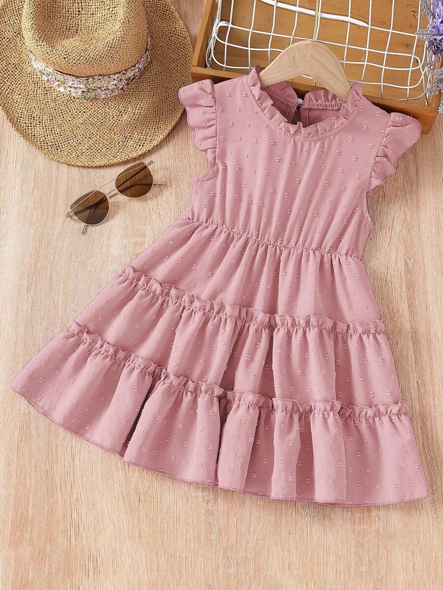 Young Girl Swiss Dot Frill Trim Dress - Pink - View 1