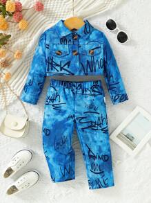 Baby Boy Letter Graphic Flap Detail Shirt & Pants - Multicolor - View 1