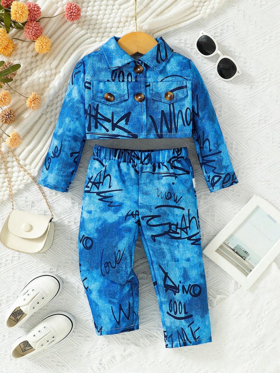 Baby Boy Letter Graphic Flap Detail Shirt & Pants - Multicolor - View 1