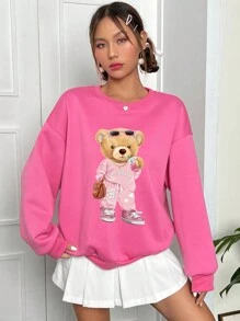 SHEIN EZwear 卡通熊設計的長袖圓領女士運動衫，休閒適合，適用於秋冬季節 - 玫紅色 - 查看 5