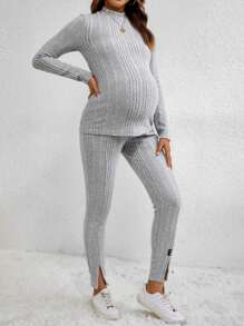 孕婦舒適的2入組肋紋調節腰圍上衣和長褲 - 灰色 - 查看 5